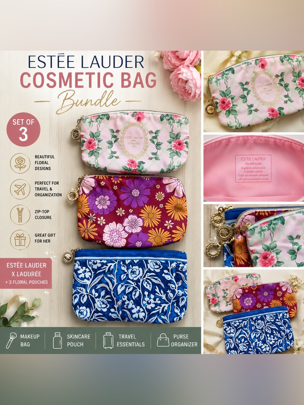 Estée Lauder Cosmetic Bag Bundle x Ladurée Floral Makeup Pouches Travel Case Set